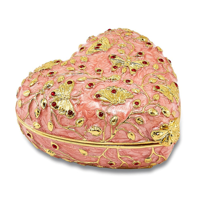 Jere Luxury Giftware, Bejeweled BUTTERFLY KISSES Pink Heart Trinket Box with Matching Pendant