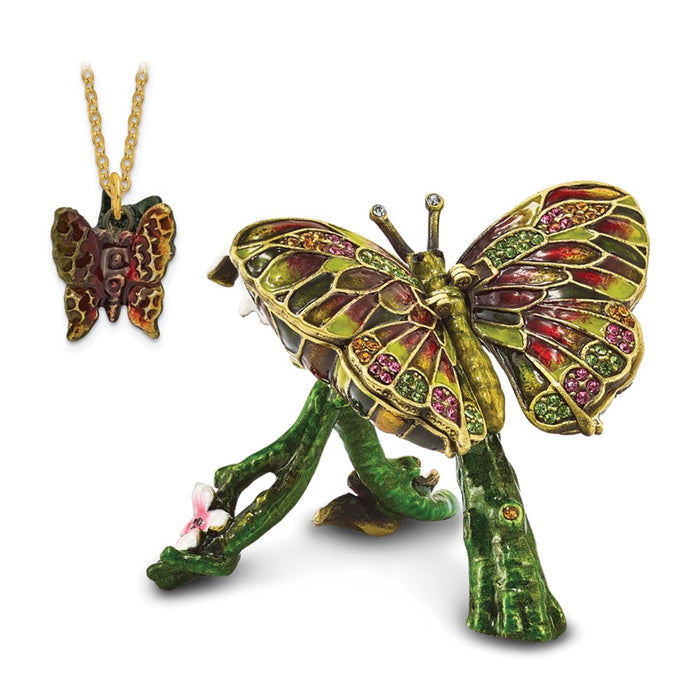 Jere Luxury Giftware, Bejeweled BELLA Butterfly & Pink Orchid Trinket Box with Matching Pendant