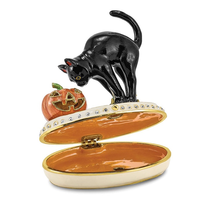 Jere Luxury Giftware, Bejeweled SPOOKY Black Cat & Pumpkin Trinket Box with Matching Pendant