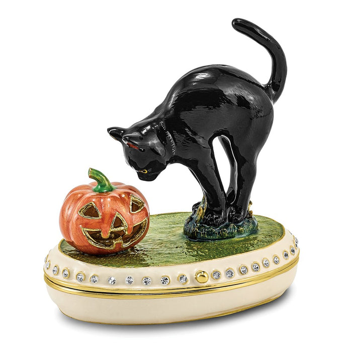 Jere Luxury Giftware, Bejeweled SPOOKY Black Cat & Pumpkin Trinket Box with Matching Pendant