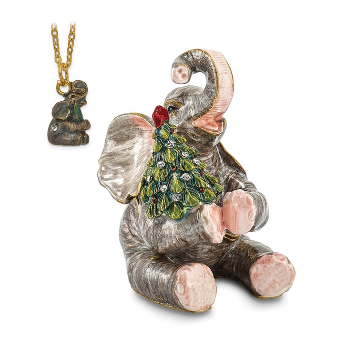 Jere Luxury Giftware, Bejeweled ELROY Elephant w/Christmas Tree Trinket Box with Matching Pendant