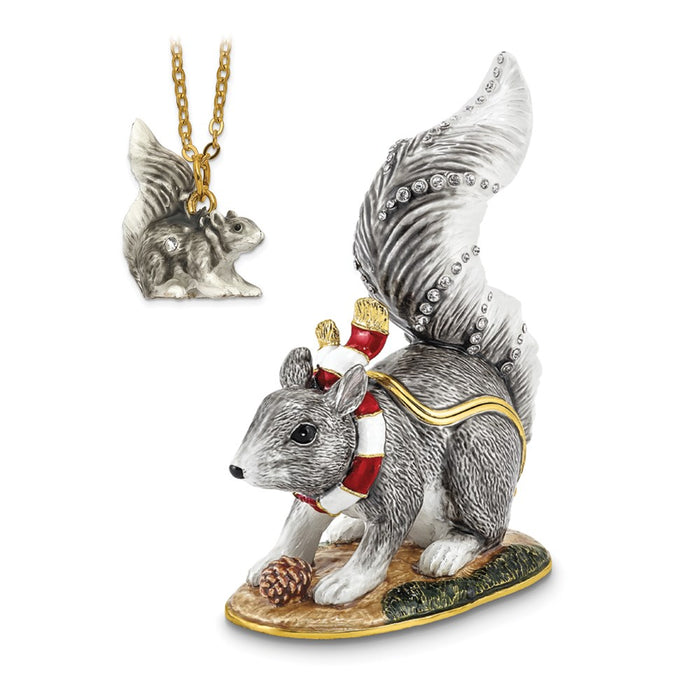 Jere Luxury Giftware, Bejeweled MAVERICK Winter Grey Squirrel Trinket Box with Matching Pendant