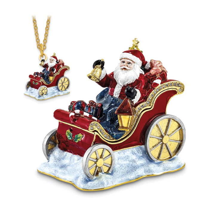 Jere Luxury Giftware, Bejeweled CRUISIN' SANTA in Sleigh Trinket Box with Matching Pendant