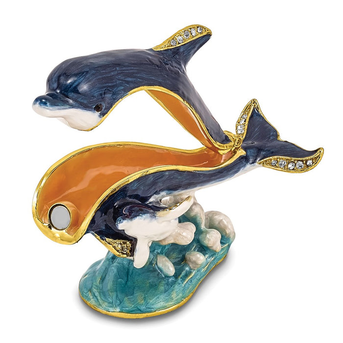 Jere Luxury Giftware, Bejeweled DOLLY & DYLAN Blue Dolphin & Baby Trinket Box with Matching Pendant