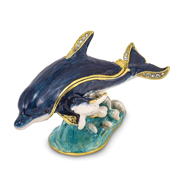 Jere Luxury Giftware, Bejeweled DOLLY & DYLAN Blue Dolphin & Baby Trinket Box with Matching Pendant