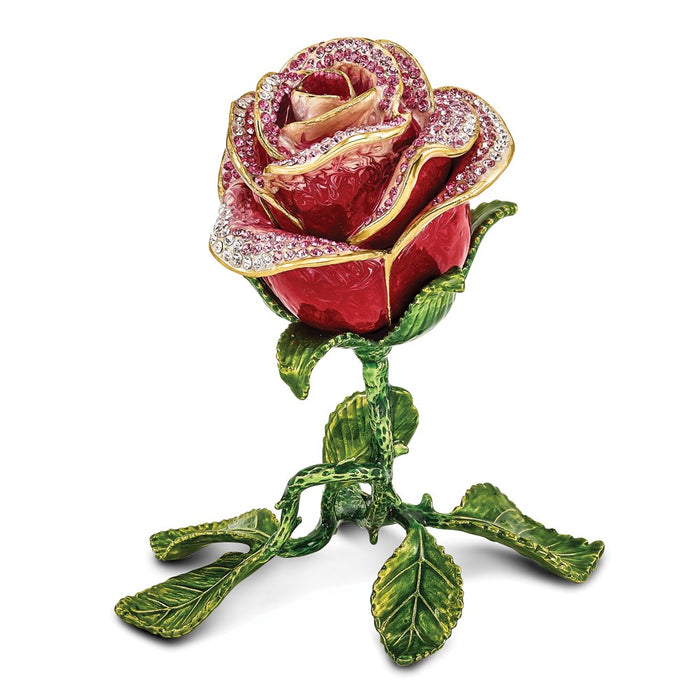 Jere Luxury Giftware, Bejeweled ROSETTE Rose w/Ring Pad Trinket Box with Matching Pendant