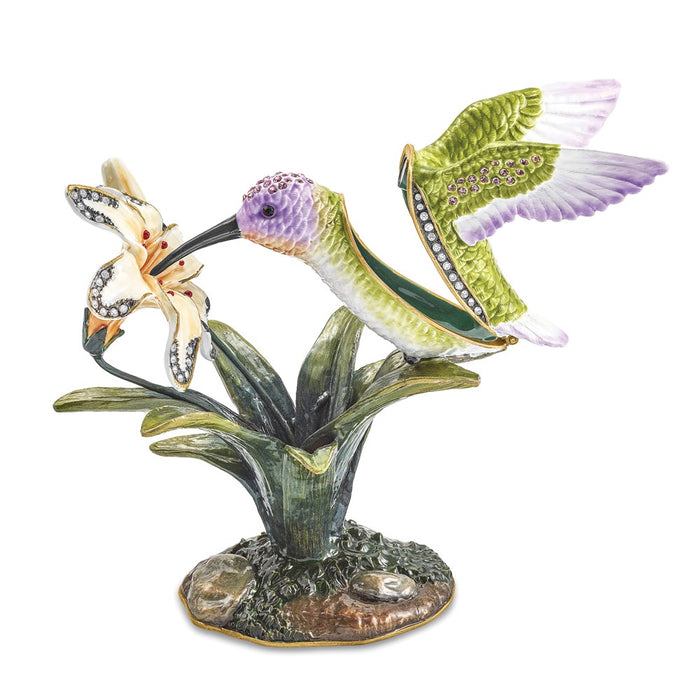 Jere Luxury Giftware, Bejeweled VIOLA Hummingbird & Daylily Trinket Box with Matching Pendant