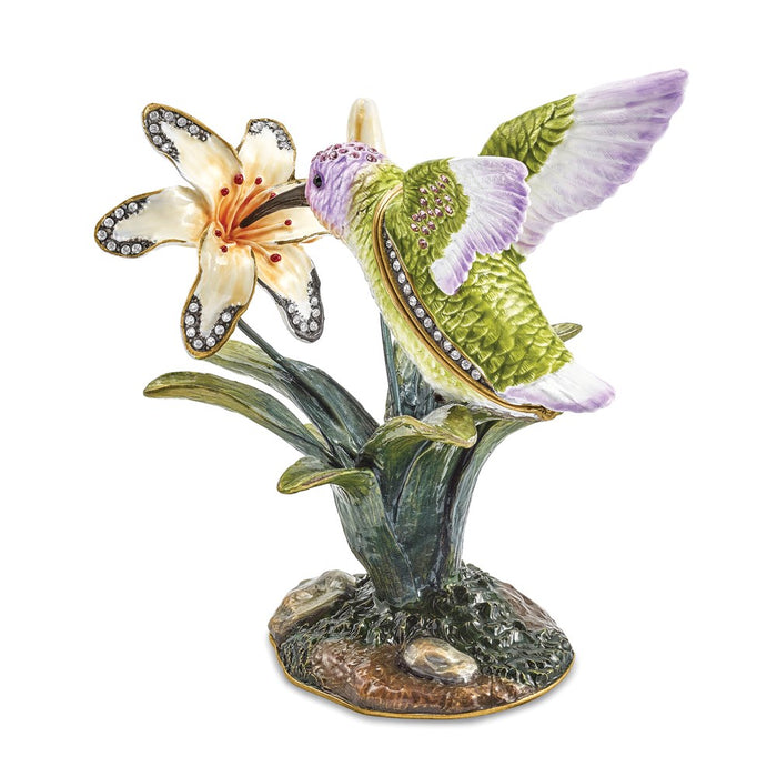 Jere Luxury Giftware, Bejeweled VIOLA Hummingbird & Daylily Trinket Box with Matching Pendant