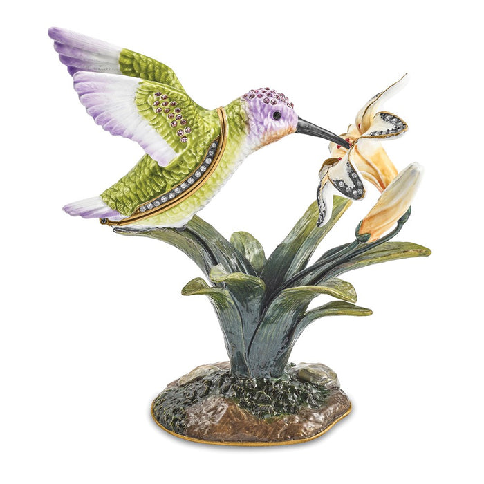 Jere Luxury Giftware, Bejeweled VIOLA Hummingbird & Daylily Trinket Box with Matching Pendant