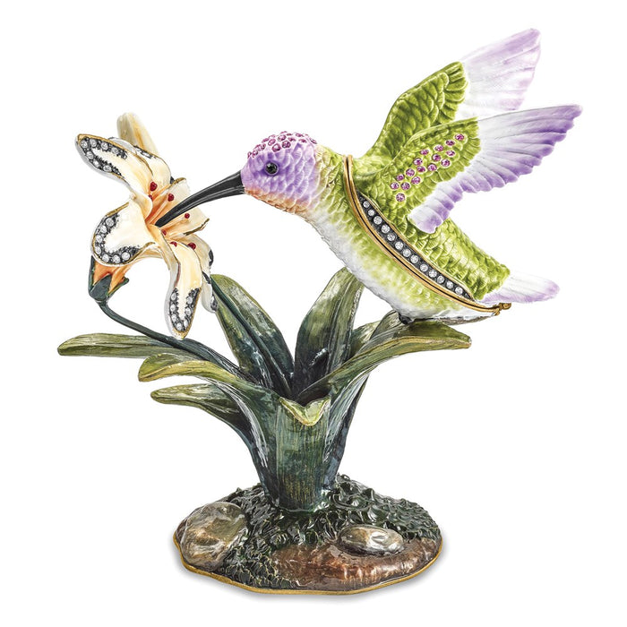 Jere Luxury Giftware, Bejeweled VIOLA Hummingbird & Daylily Trinket Box with Matching Pendant
