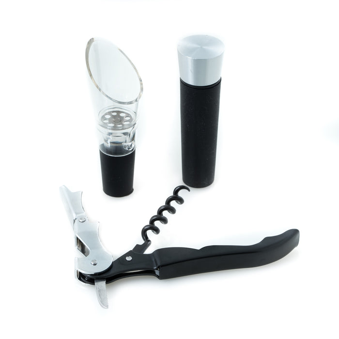 Occasion Gallery Black Color 3 Piece Bar & Wine Set Includes Double-Hinged Corkscrew with Bottle Opener and Foil Cutter, Stopper with Vacuum Pump to Remove Air From Bottle & Wine Pourer with Aerator. 8 L x 4.75 W x 1.5 H in.
