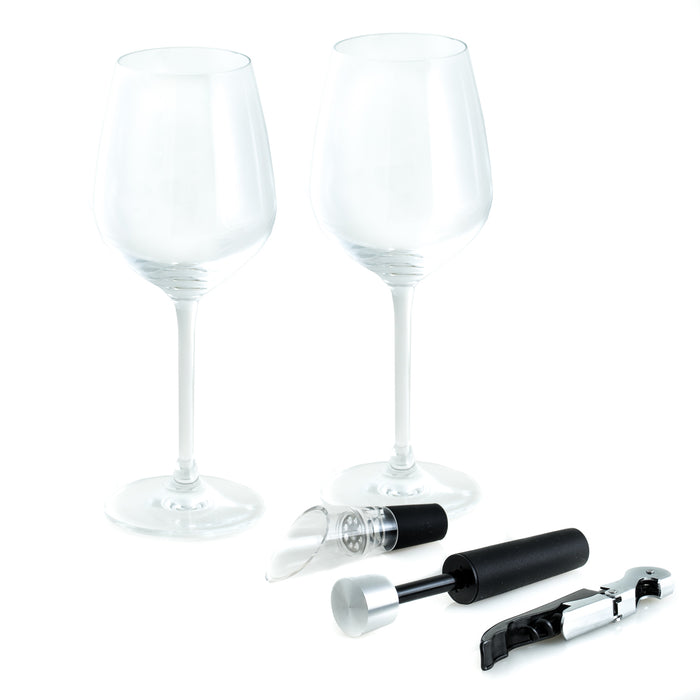 Occasion Gallery Black Color 5 Piece Wine Set Includes Double-Hinged Corkscrew with Bottle Opener and Foil Cutter, Stopper with Vacuum Pump to Remove Air From Bottle, Wine Pourer with Aerator & 2 Glasses . 10 L x 10 W x 3.5 H in.