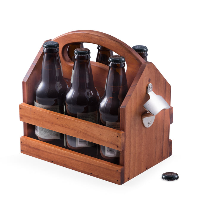 Occasion Gallery Brown Color Solid Wood Six Pack Bottle Caddy with Ergonomic Curved Built in Handle and Bottle Opener.  10 L x 6.25 W x 9 H in.