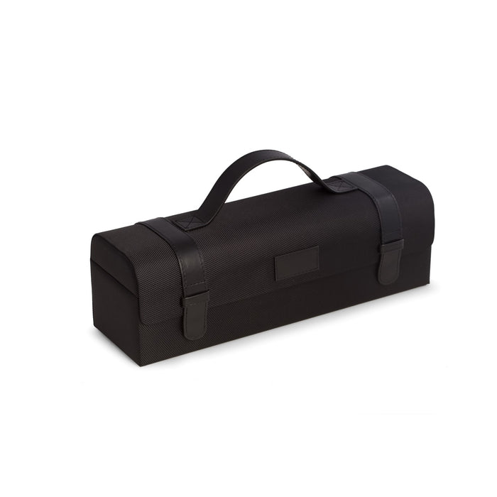 Occasion Gallery Black Color Black Ballistic Nylon & Leatherette Bottle Caddy with Secure Snap Closures, Carrying Handle and Includes a Combination Corkscrew & Bar tool. 13.5 L x 4.25 W x 4 H in.