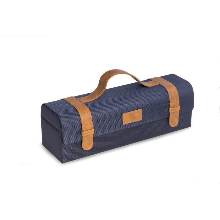 Occasion Gallery Blue Color Blue Ballistic Nylon & Brown Leatherette Bottle Caddy with Secure Snap Closures, Carrying Handle and Includes a Combination Corkscrew & Bar tool. 13.5 L x 4.25 W x 4 H in.
