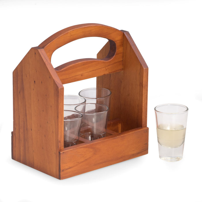 Occasion Gallery Brown Color Solid Wood Six Shot Glass Caddy with Ergonomic Curved Built in Handle.  7.75 L x 5 W x 9.25 H in.