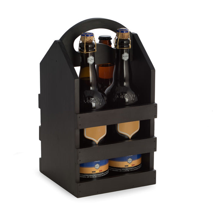 Occasion Gallery BLACK Color Black Solid Wood Four Bottle Caddy with Ergonomic Curved Built in Handle. Accommodates most Pint Sized Craft Beer Bottles.  7.5 L x 7 W x 13.25 H in.
