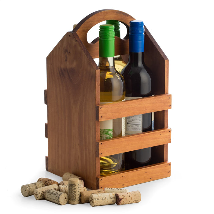 Occasion Gallery BROWN Color Solid Wood Four Bottle Caddy with Ergonomic Curved Built in Handle. Accommodates most Pint Sized Craft Beer Bottles.  7.5 L x 7 W x 13.25 H in.