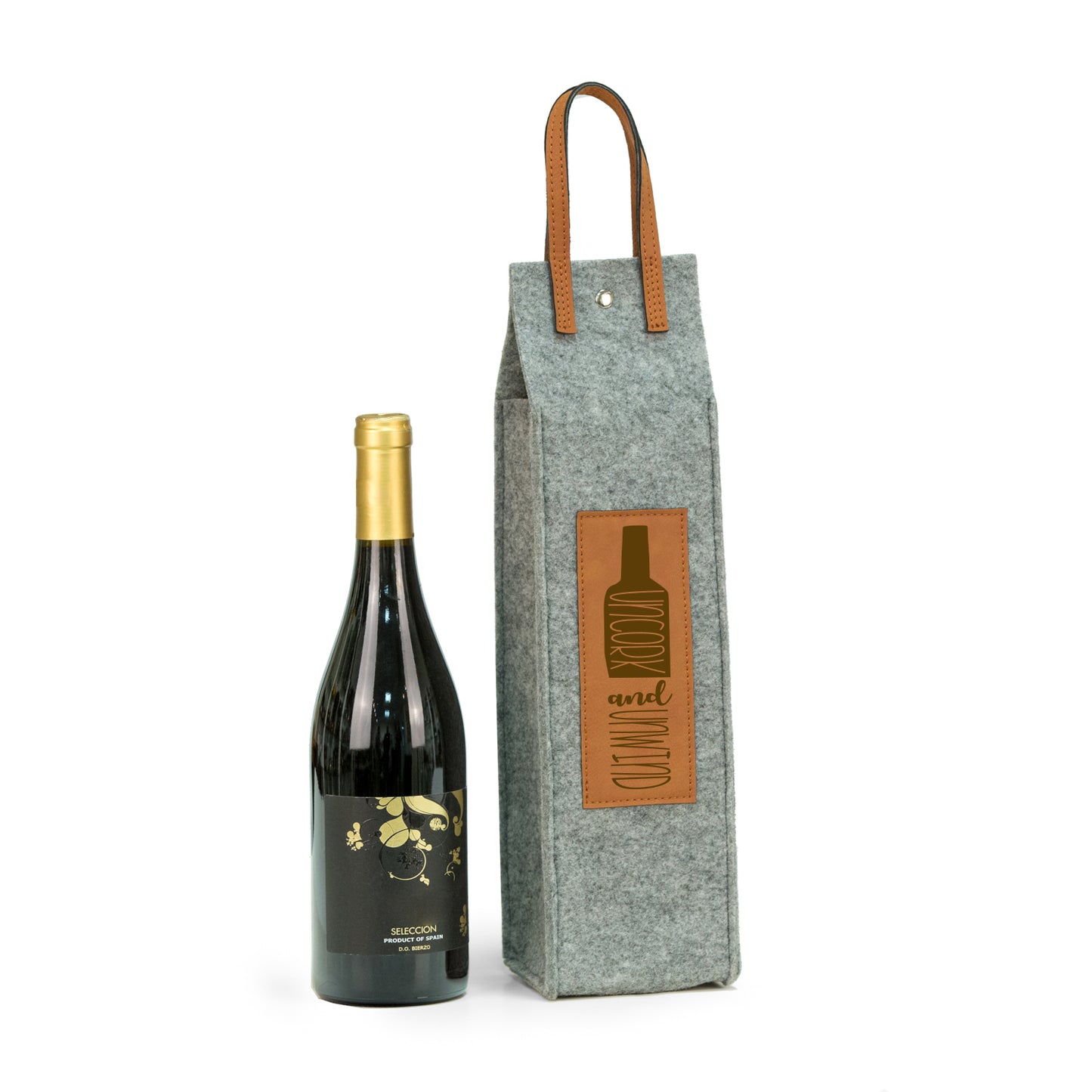 Occasion Gallery Grey/Brown  Color Uncork & Unwind felt wine tote with brown accents 4 L x 4 W x 18 H in.