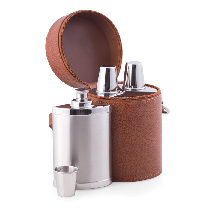 Occasion Gallery Brown/Silver Color Seven Piece Stainless Steel Flask Set in Brown Leather Carrying Case. Includes Three 14 oz. Flasks with Shooter Cups.  4.5 L x 7 W x 4.5 H in.