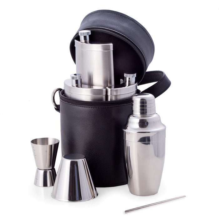 Occasion Gallery Black Color Ten Piece Stainless Steel Bar Set in Black "Buffalo" Leather Carrying Case. Includes Three 8 oz. Flasks, 7 oz. Shaker, Jigger, Stirrer & Four Cups. 4.5 L x 7 W x 4.5 H in.