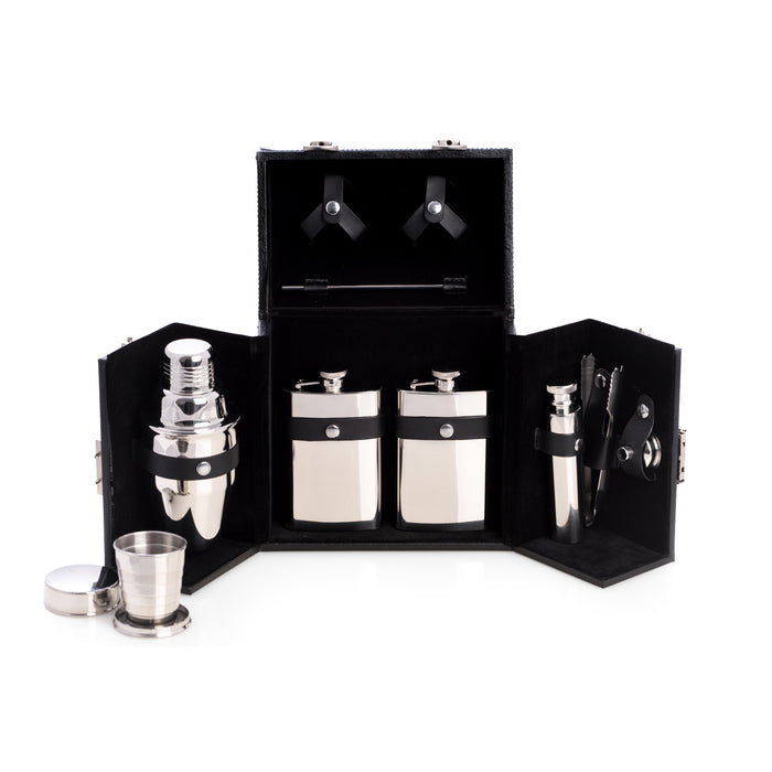 Occasion Gallery Ten Piece Stainless Steel Bar Set in Black Leather Carrying Case w/ Locking Clasp. Includes Two 4 oz. Flasks, One 2 oz. Flask, 7 oz. Shaker, Stirrer, Ice Tong, Flask Funnel, Two Collapsible Cups & Wiping Cloth. 7 L x 4.5 W x 7.5 H in.