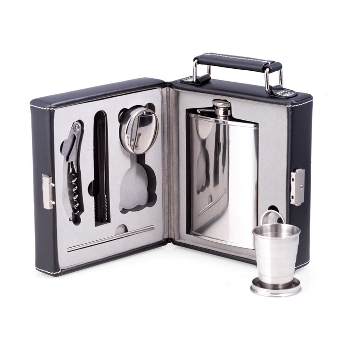 Occasion Gallery Seven Piece Stainless Steel Travel Bar Set in Black Leather Carrying Case w/ Locking Clasp. Includes 7 oz. Flask, Funnel, Collapsible Cups, Ice Tong, Stirrer & Bar Tool w/ Corkscrew, Cap Opener & Foil Cutter 6.25 L x 2.75 W x 8 H in.