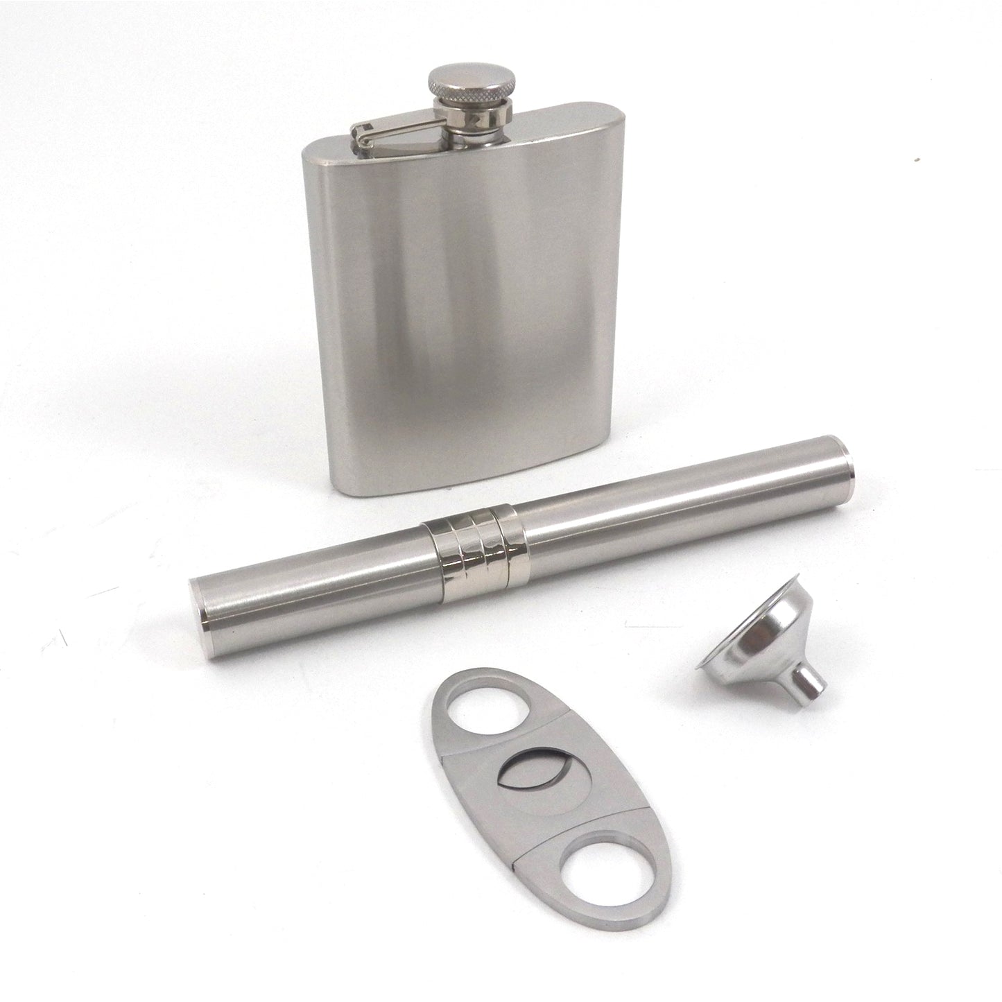 Occasion Gallery Silver Color Four Pieces Gift Set. Includes Stainless Steel 7 oz. Flask, Double Guillotine Cigar Cutter, 50 ga. Cigar Tube & Funnel.  0.85 L x 5 W x 0.85 H in.