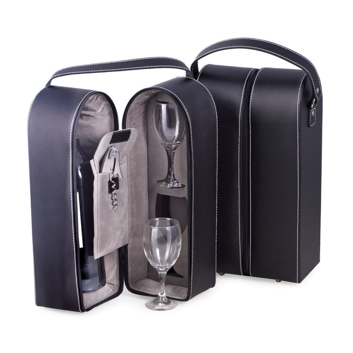 Occasion Gallery Black Color Black Leather Wine Caddy with Two Glasses and Bar Tool with Corkscrew, Bottle Cap Opener & Foil Cutter. 7.25 L x 4.25 W x 13.5 H in.
