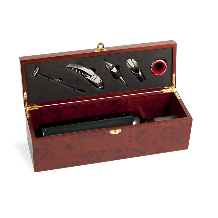 Occasion Gallery Rosewood Color Wine Bottle Rosewood Gift Box with a Five Piece Bar Set. Includes Stainless Steel Drip Collar, Pourer, Stopper, Bar Tool with Corkscrew, Bottle Cap Opener & Foil Cutter and Thermometer. 13.75 L x 4.75 W x 4.75 H in.