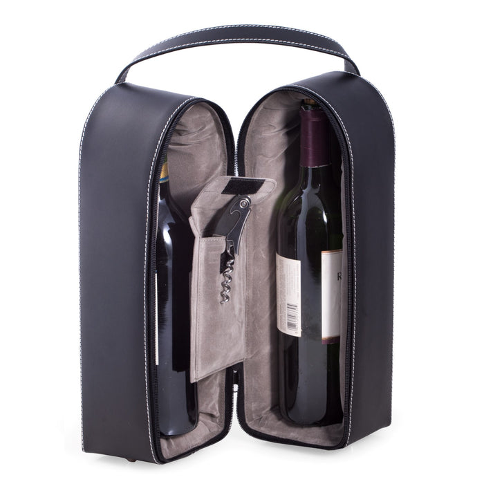 Occasion Gallery Black Color Black Leather Wine Caddy for Two Bottles and Bar Tool with Corkscrew, Bottle Cap Opener & Foil Cutter. 7.25 L x 4.25 W x 13.5 H in.