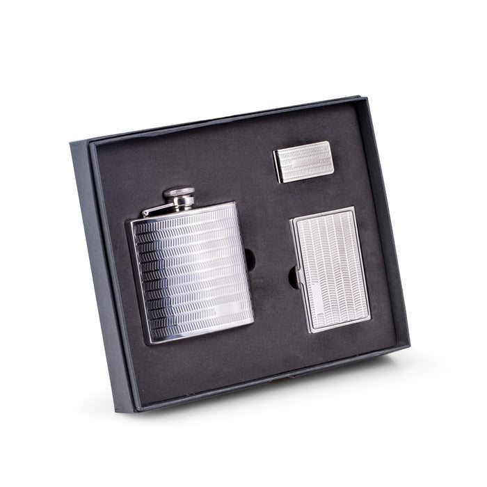 Occasion Gallery Silver Color Three Piece Gift Set with Stainless Steel 6 oz. Flask, Business Card Case & Money Clip.  3.75 L x 0.85 W x 4.35 H in.