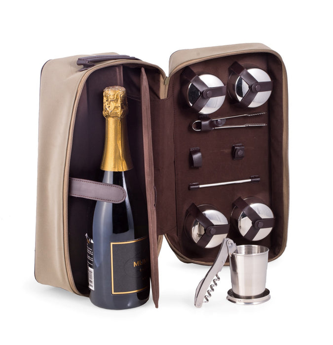 Occasion Gallery Suede/Brown Color Seven Piece Travel Bar Set in Ultra Suede and Brown Leather Zippered Case. Includes Four Collapsible Cups, Ice Tong, Stirrer and Bar Tool with Corkscrew, Bottle Cap Opener & Foil Cutter. 6.5 L x 5.5 W x 13.75 H in.
