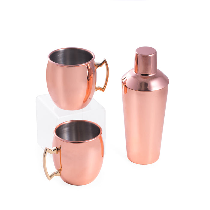 Occasion Gallery Gold Color Copper Plated Stainless Steel, 25 oz. Shaker with Strainer Top and 2 20 Oz. Tankard Gift Set. 3.25 L x 3.25 W x 9 H in.