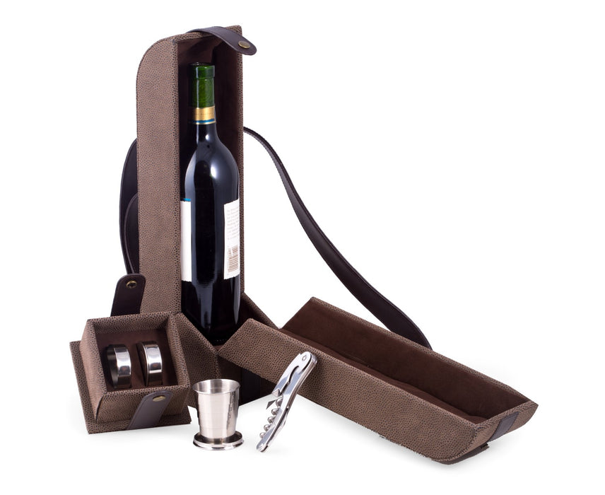 Occasion Gallery Brown/Suede Color Brown Leather & Ultra Suede Wine Caddy with Two Collapsible Cups and Bar Tool with Corkscrew, Bottle Cap Opener & Foil Cutter. 7 L x 3 W x 14 H in.