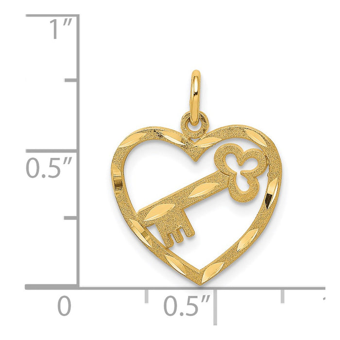 Million Charms 14K Yellow Gold Themed Polished Diamond-Cut Key In Heart Charm