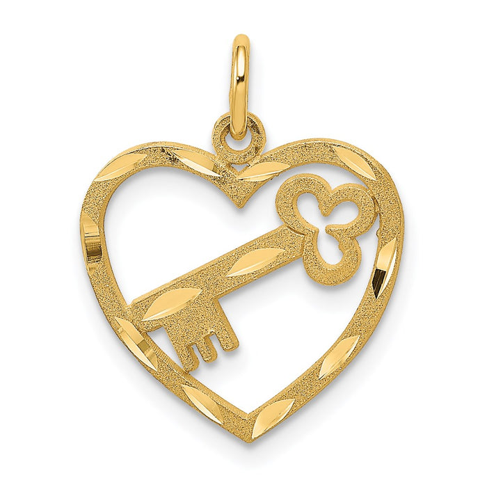 Million Charms 14K Yellow Gold Themed Polished Diamond-Cut Key In Heart Charm