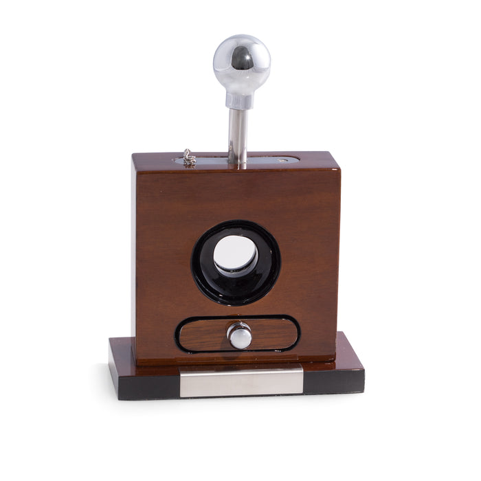 Occasion Gallery Walnut  Color Lacquered "Walnut" Wood and Stainless Steel Table Top Guillotine Cigar Cutter with Drawer for Cuttings. 4.75 L x 2.35 W x 6.5 H in.