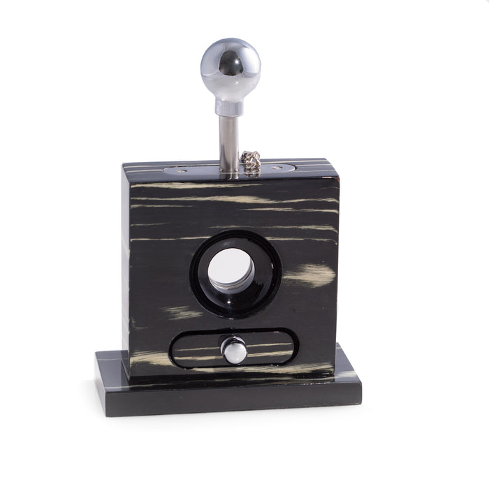 Occasion Gallery Ebony Color Lacquered "Ebony" Wood and Stainless Steel Table Top Guillotine Cigar Cutter with Drawer for Cuttings. 4.75 L x 2.35 W x 6.5 H in.