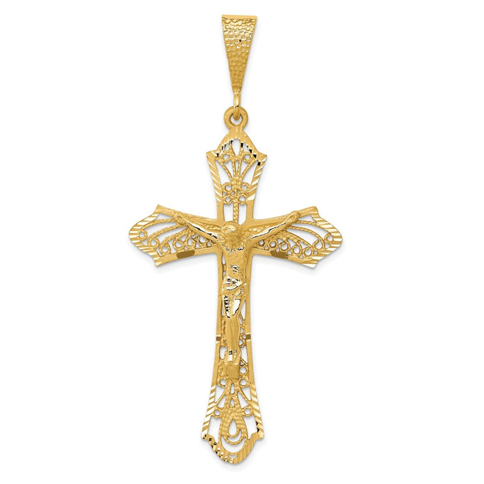 Million Charms 14K Yellow Gold Themed Satin & Diamond-Cut Relgious Crucifix Pendant