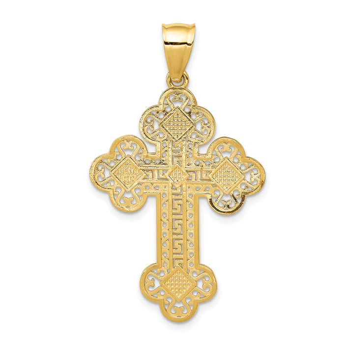 Million Charms 14K Yellow Gold Themed Budded Greek Key Relgious Cross Pendant