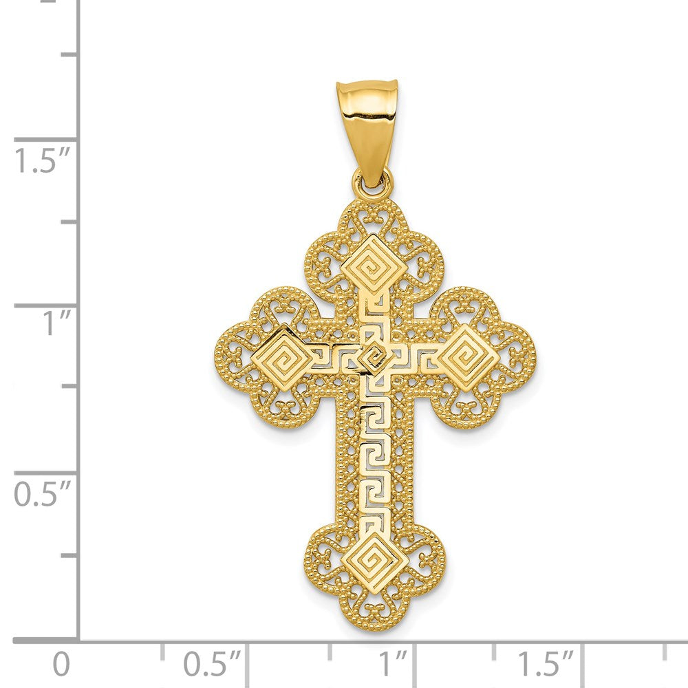 Million Charms 14K Yellow Gold Themed Budded Greek Key Relgious Cross Pendant