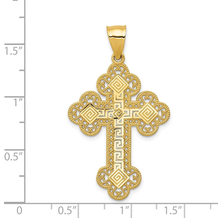 Million Charms 14K Yellow Gold Themed Budded Greek Key Relgious Cross Pendant