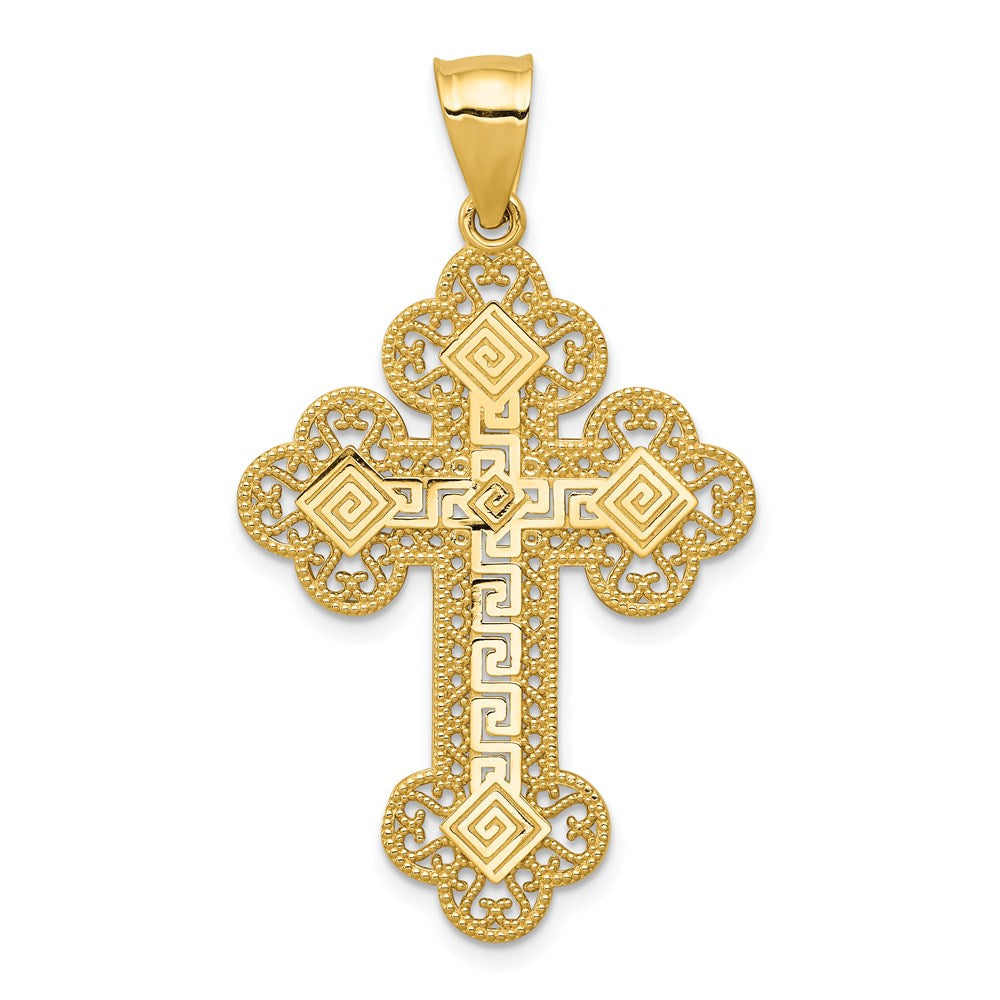 Million Charms 14K Yellow Gold Themed Budded Greek Key Relgious Cross Pendant