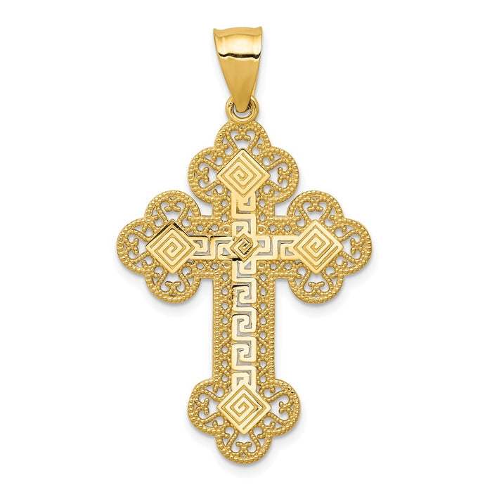 Million Charms 14K Yellow Gold Themed Budded Greek Key Relgious Cross Pendant