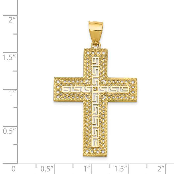 Million Charms 14K Yellow Gold Themed Greek Key Filigree Relgious Cross Pendant