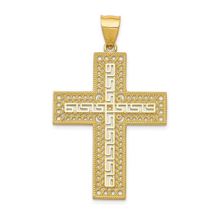 Million Charms 14K Yellow Gold Themed Greek Key Filigree Relgious Cross Pendant