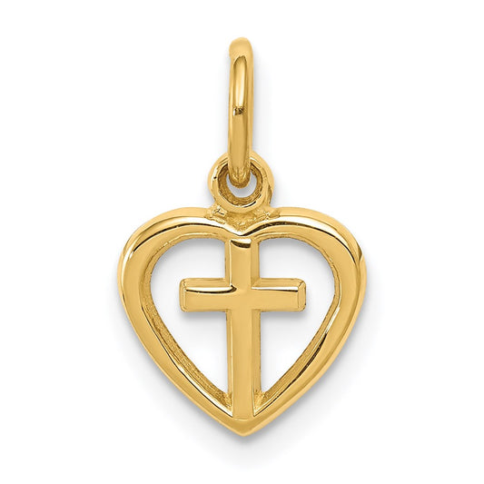 Million Charms 14K Yellow Gold Themed Relgious Cross In Heart Charm