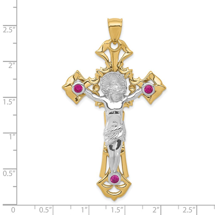 Million Charms 14K Two-Tone Polished With Red Czs Relgious Crucifix Pendant