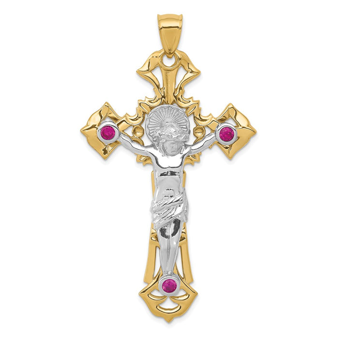 Million Charms 14K Two-Tone Polished With Red Czs Relgious Crucifix Pendant